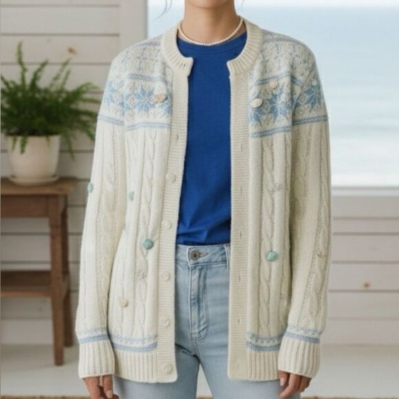 Sweaters - Vintage Wintuk Coastal Cable Knit Cardigan Cream Blue USA Made M